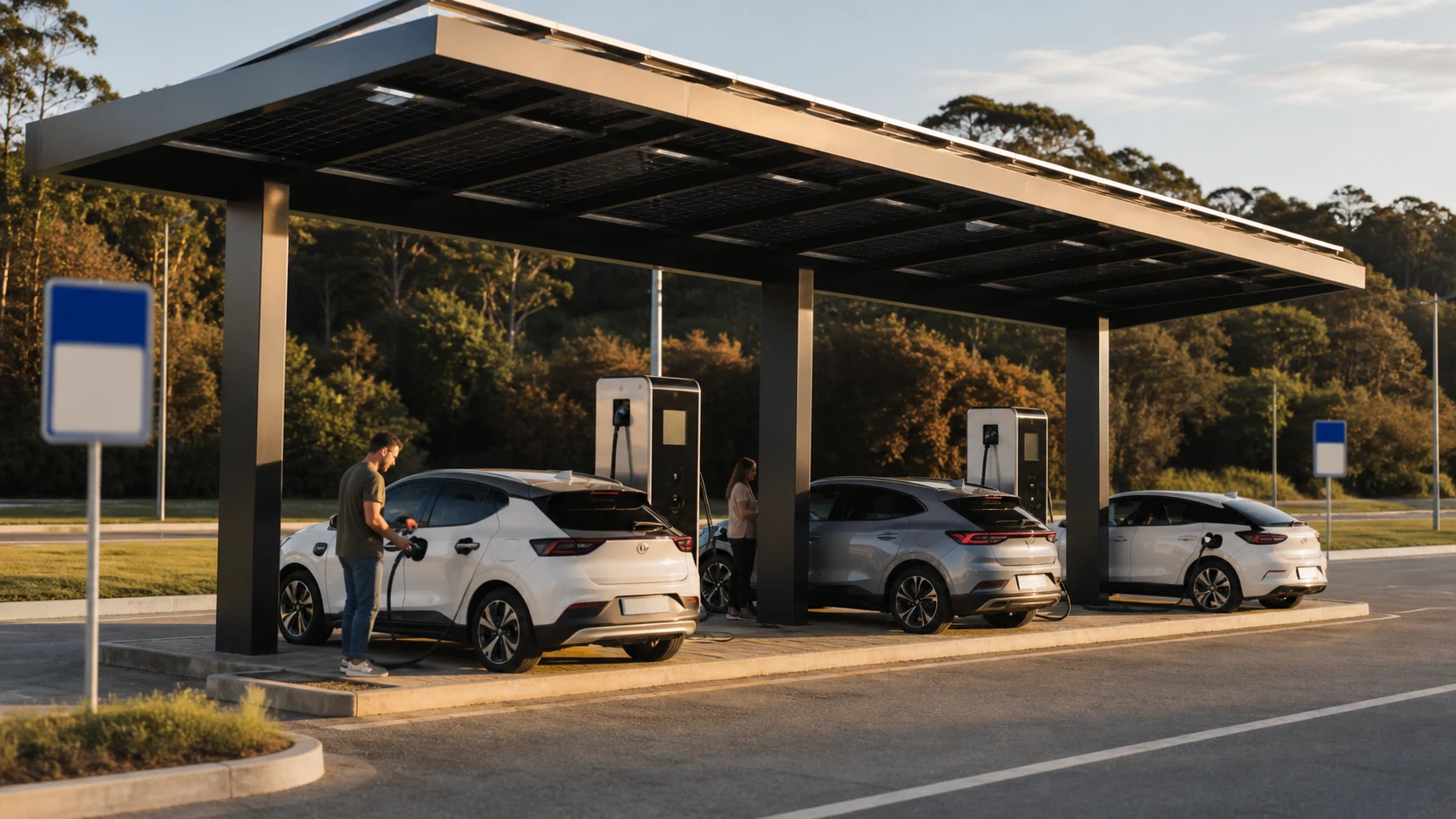 Eletroposto moderno com cobertura solar no Brasil