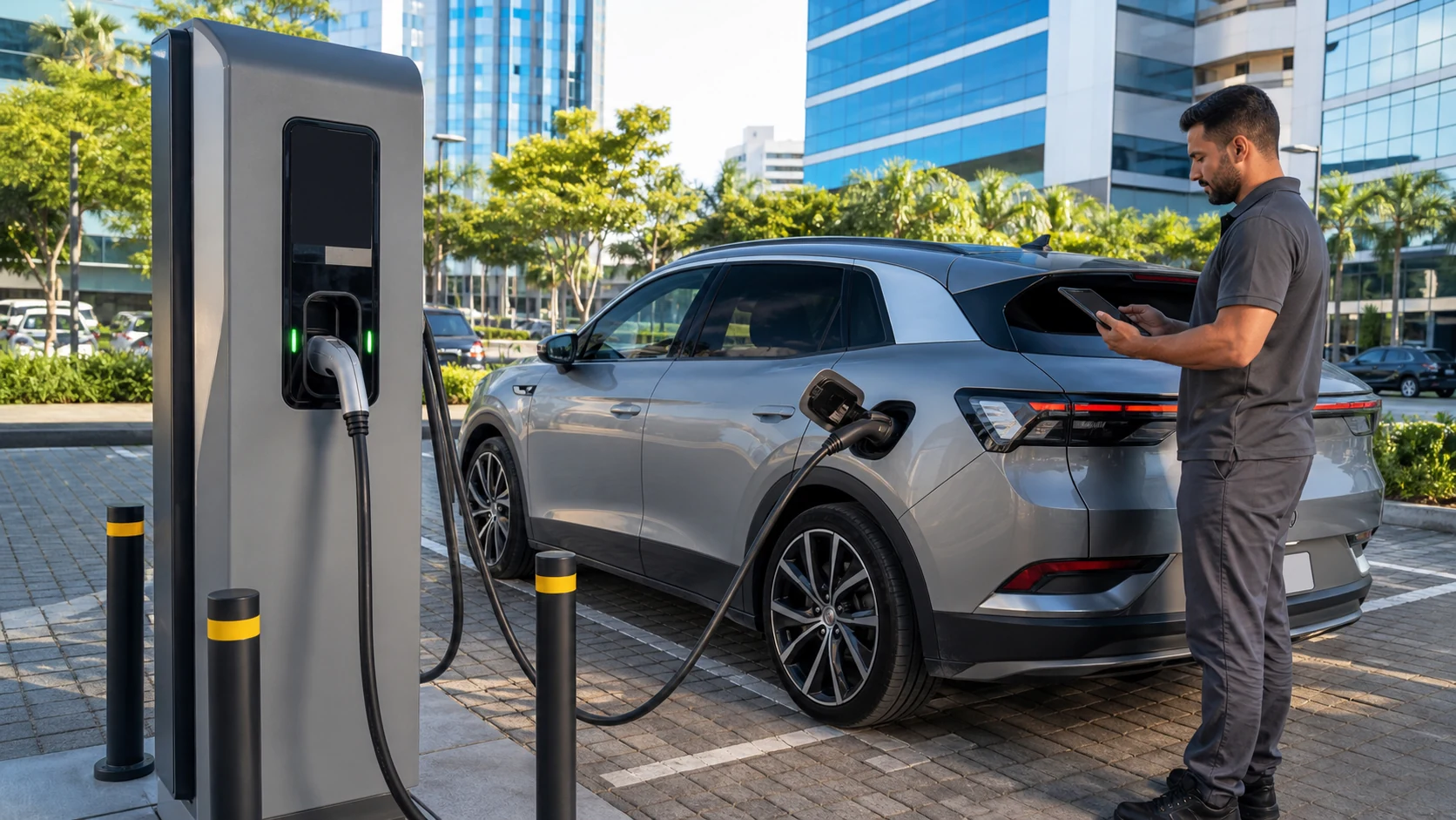 Carregador rápido em estacionamento empresarial brasileiro